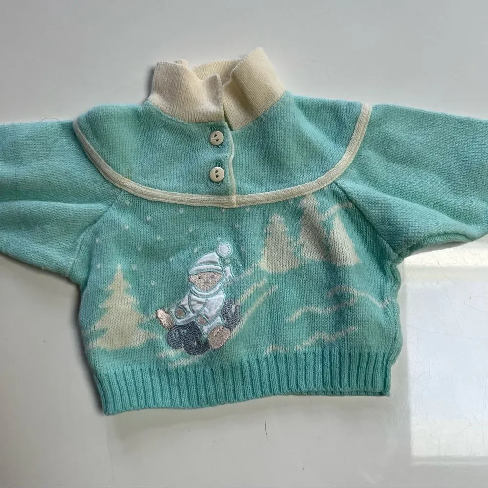 Rad Vintage 1980s Retro Swiss Teddy Bear Sled Apres Ski Twofer Collared Sweater